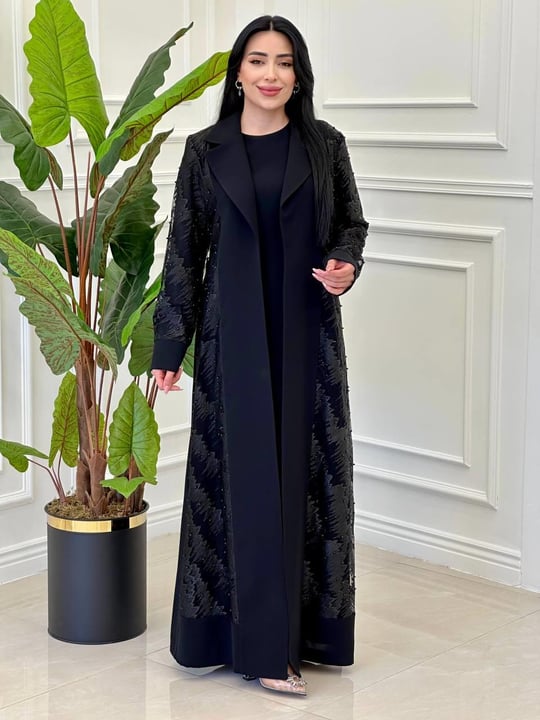 İnci Tül Detay Abaya Takım 3005 T-25 Siyah