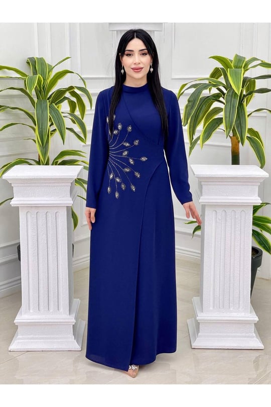İnci Yaprak İşleme Elbise 5105 Saks