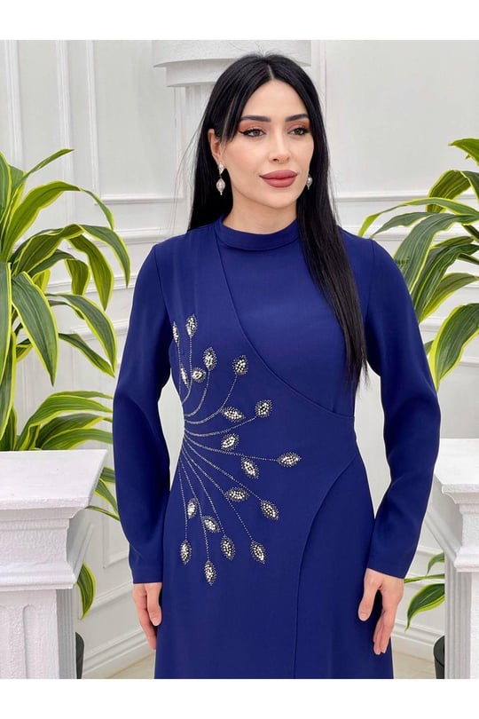 İnci Yaprak İşleme Elbise 5105 Saks