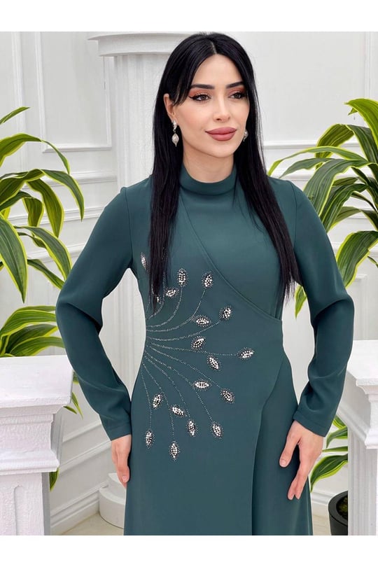 İnci Yaprak İşleme Elbise 5105 Yeşil
