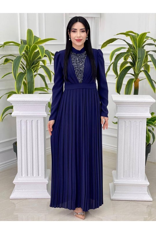 İri Boncuk Pilise Elbise 3792 Saks