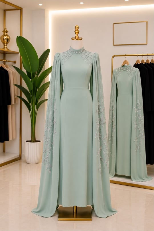 İşleme Pelerin Abiye 5260 Mint yeşili
