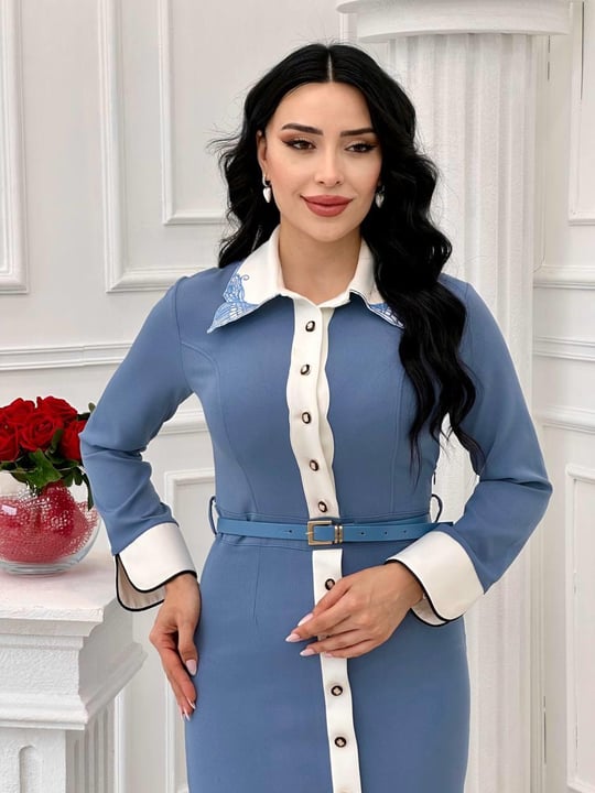 İşleme Yaka Elbise 44196 t-24 Mavi