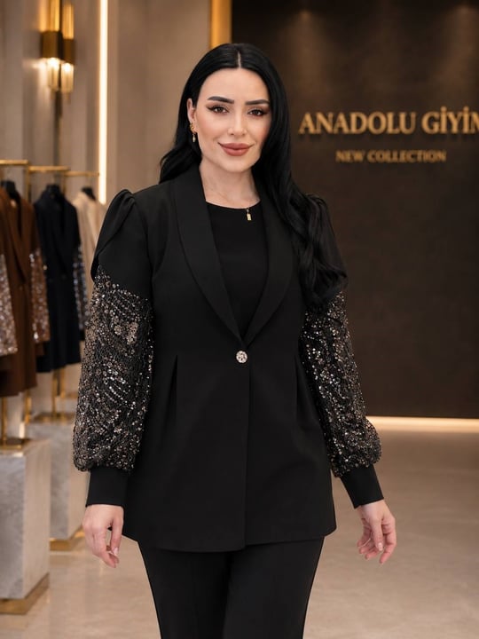 İşlemeli Kol Üçlü Şık Takım 1140 T-26 Siyah