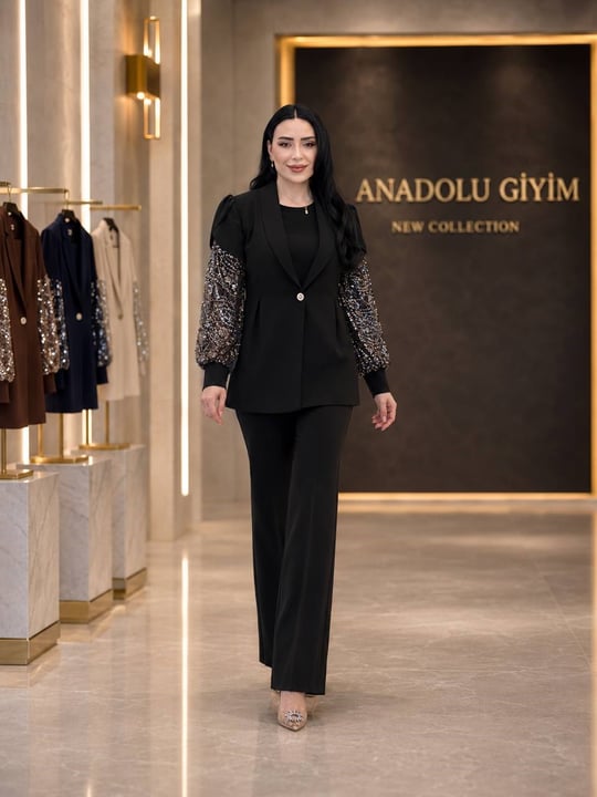 İşlemeli Kol Üçlü Şık Takım 1140 T-26 Siyah