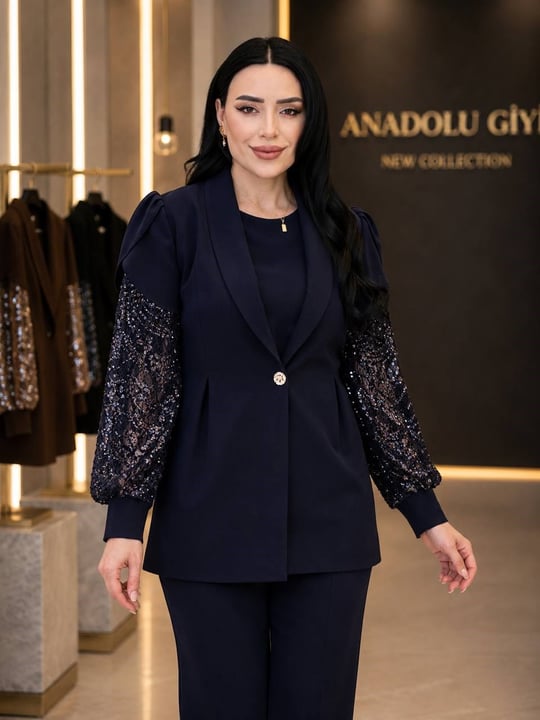 İşlemeli Kol Üçlü Şık Takım 1140 T-26 Lacivert