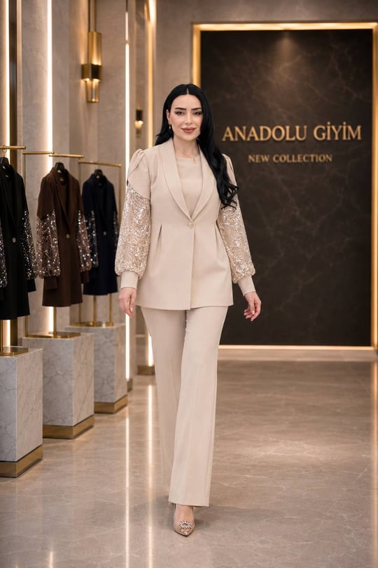 İşlemeli Kol Üçlü Şık Takım 1140 T-26 Bej