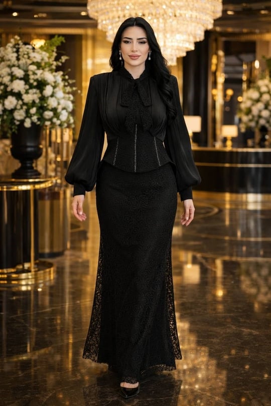 JanJan Drape Fularlı Güpür Abiye 135 T-26 Siyah
