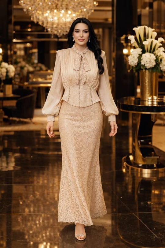 JanJan Drape Fularlı Güpür Abiye 135 T-26 Bej