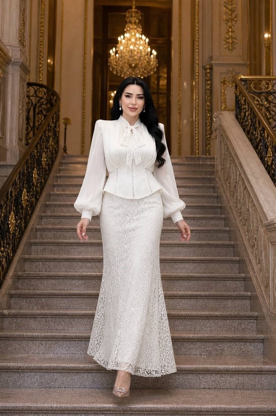 JanJan Drape Fularlı Güpür Abiye 135 T-26 Beyaz