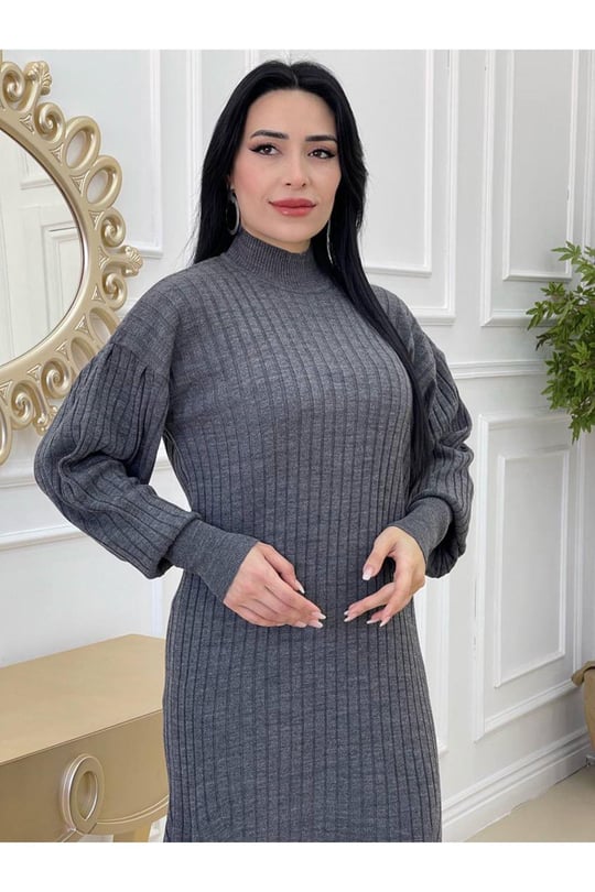 Kalın Fitilli Örme Elbise 123 Gri