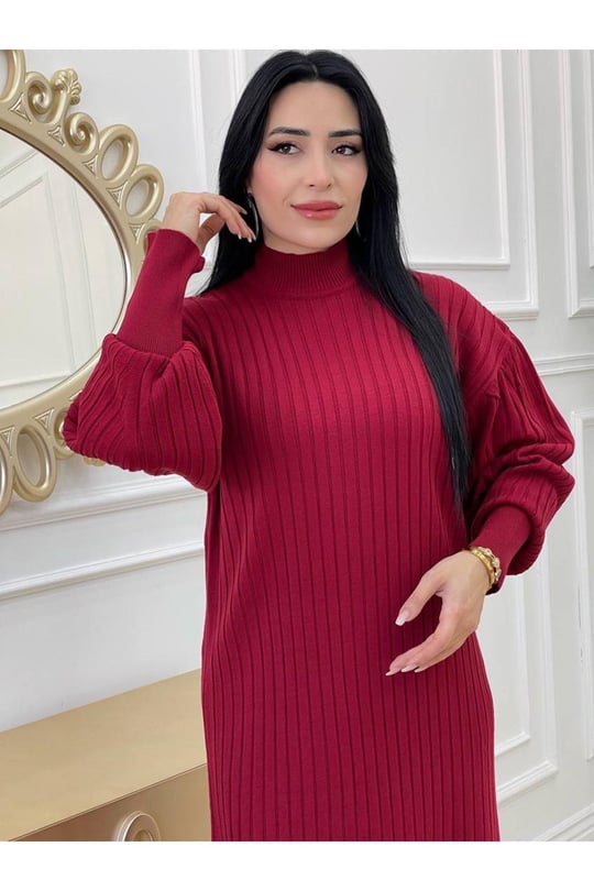 Kalın Fitilli Örme Elbise 123 Kırmızı