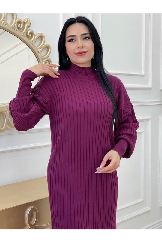 Kalın Fitilli Örme Elbise 123 Mürdüm
