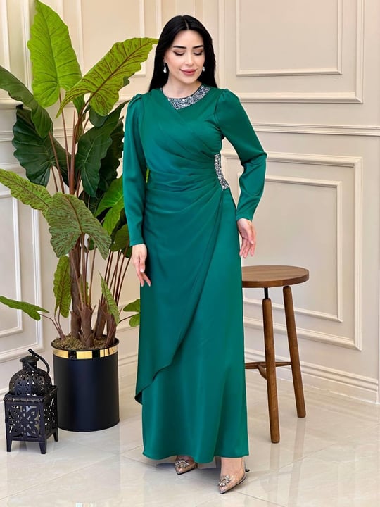Kampanyalı Drapeli Saten Elbise 4509 e-025 Yeşil