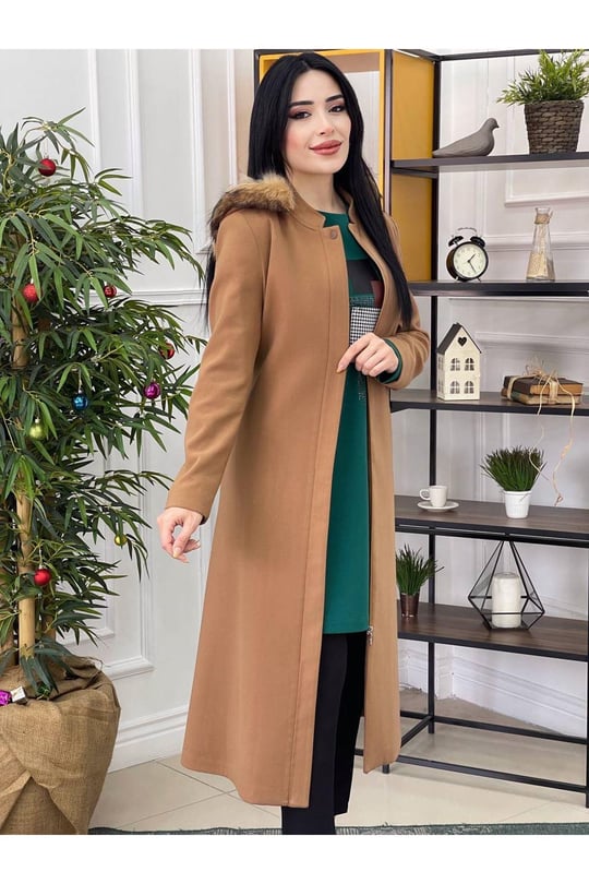 Kapişonlu Kaşe Kaban 445-Vizon