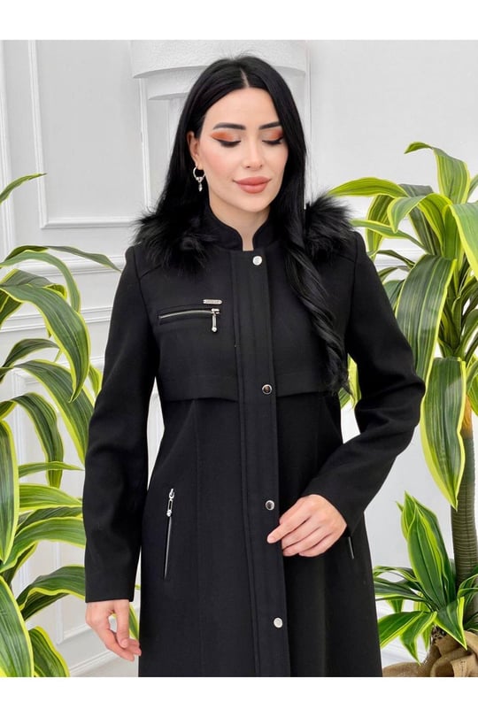 Kapişonlu Kaşe Manto 674 Siyah