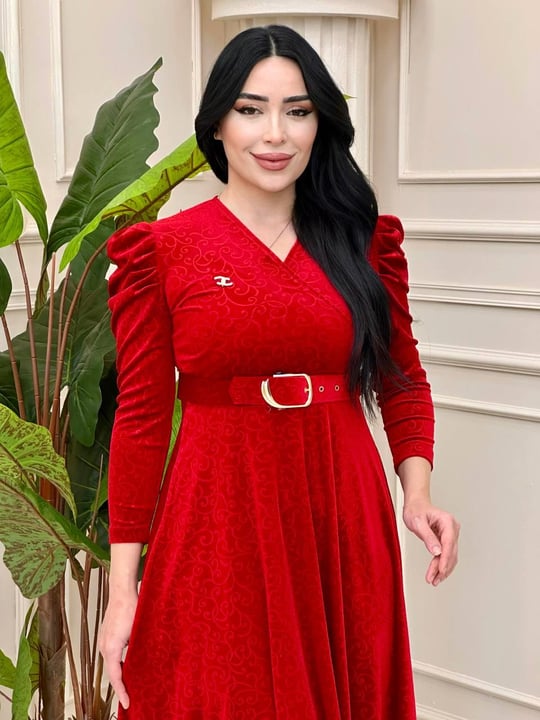 Karpuz Kol Kadife Elbise 0024 t-24 Kırmızı