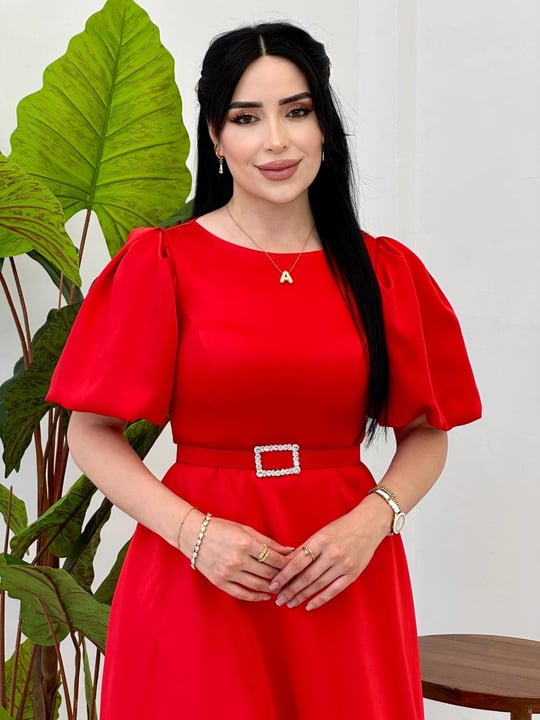 Karpuz Kol Saten Elbise 9053 T-25 Kırmızı