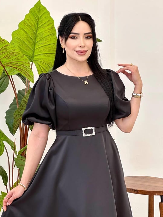 Karpuz Kol Saten Elbise 9053 T-25 Siyah