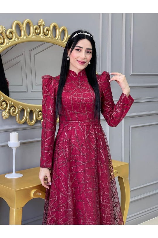 Karpuz Kol Simli Abiye 17895 Kırmızı