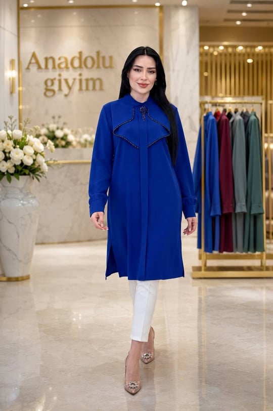 Katlama Yaka Boncuk Şerit Tunik 2203 T-26 Saks