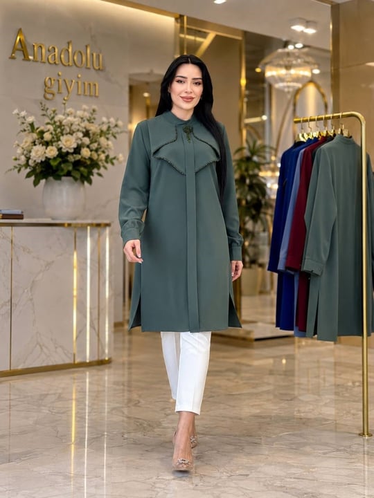 Katlama Yaka Boncuk Şerit Tunik 2203 T-26 Mint yeşili