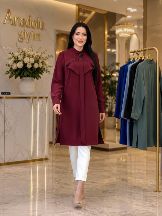 Katlama Yaka Boncuk Şerit Tunik 2203 T-26 Bordo