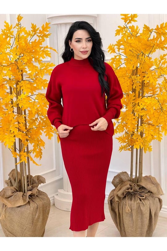 Kazaklı Triko Kalem Elbise 2241 Kırmızı