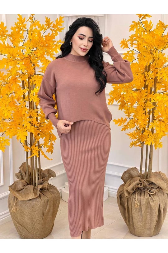 Kazaklı Triko Kalem Elbise 2241 Pudra