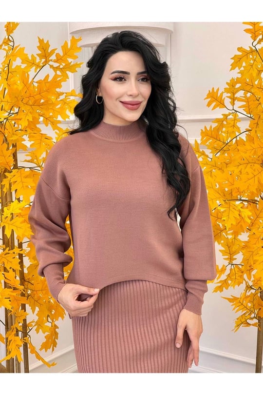 Kazaklı Triko Kalem Elbise 2241 Pudra