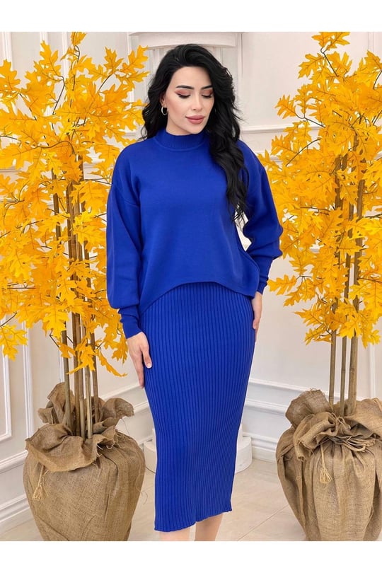 Kazaklı Triko Kalem Elbise 2241 Saks
