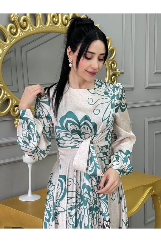 Kemerli Saten Elbise 3432 Ekru Yeşil