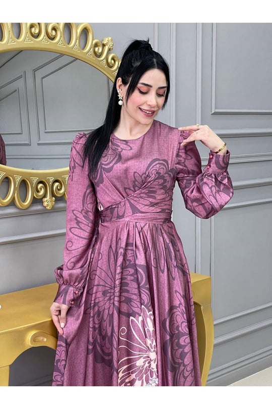 Kemerli Saten Elbise 3432 Rose