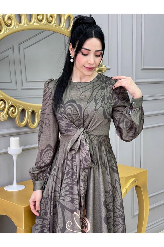 Kemerli Saten Elbise 3432 Yeşil