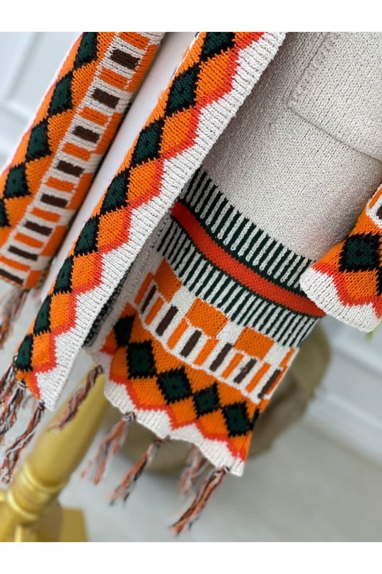 Kilim Desen Püsküllü Hırka 7338 Ekru