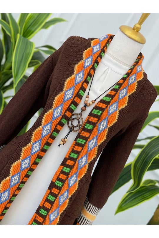 Kilim Desen Püsküllü Hırka 7338 Kahverengi