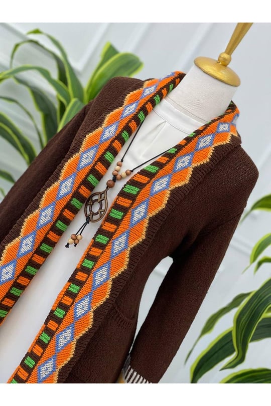 Kilim Desen Püsküllü Hırka 7338 Kahverengi