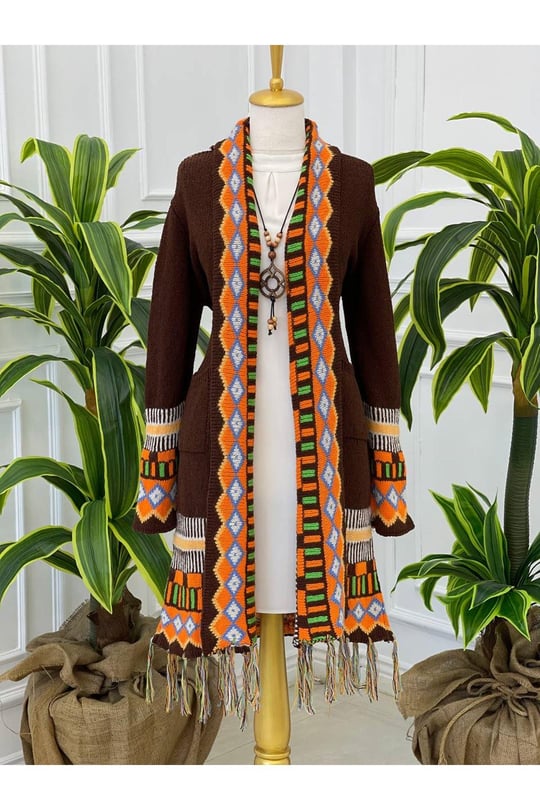 Kilim Desen Püsküllü Hırka 7338 Kahverengi
