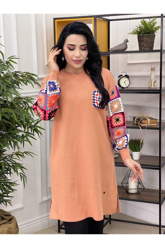 Kilim Desen Renkli Tunik 4372 Somon