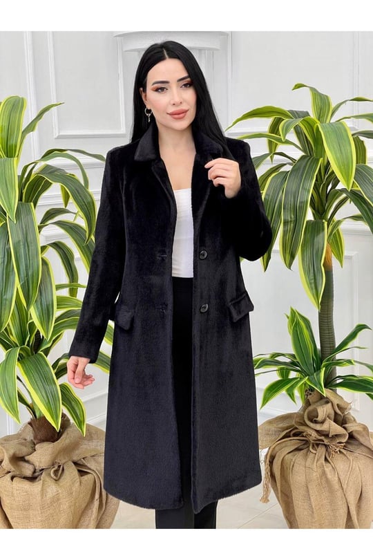 Klasik Angora Kürk Kaban 7115 Siyah