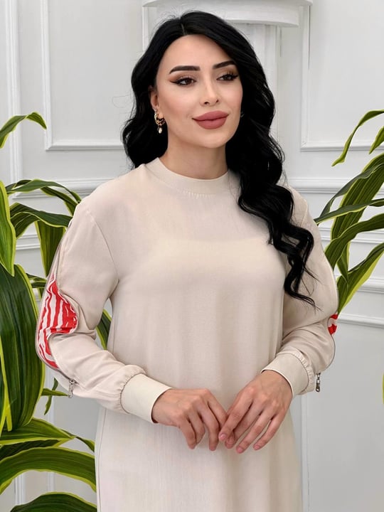 Kol Fermuar Detay Elbise 12450 T-24 Bej