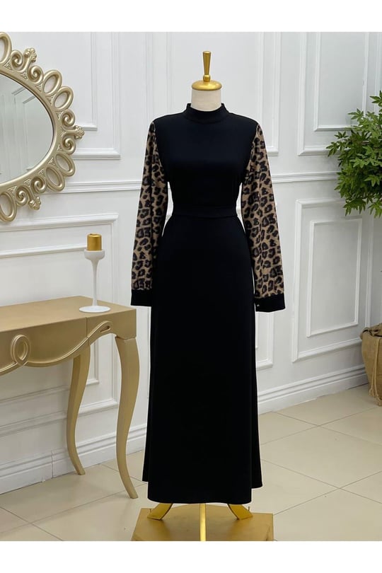 Kol Leopar Elbise 638 Siyah