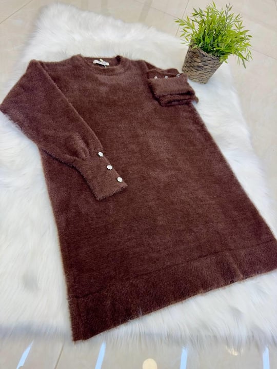 Kol Taş Düğme Angora Tunik 140125 T-25 Kahverengi