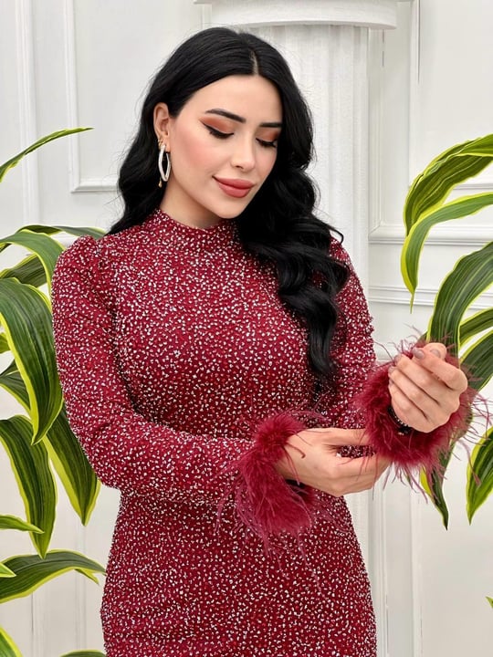 Kol Tüylü Işıltılı Abiye 4439 Kırmızı