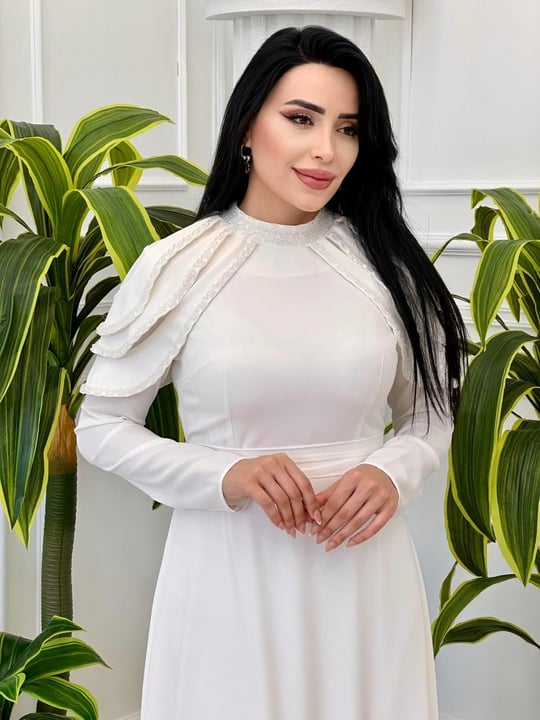 Kol Üç Bant Krep Elbise  5108 t-24 Beyaz