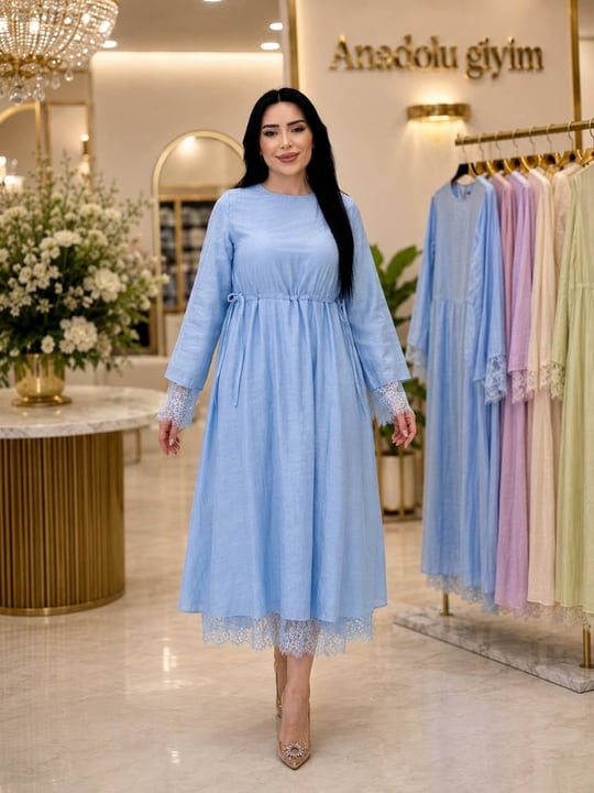 Kol Ucu Güpür Bel Büzme Yaz Elbisesi 32466 T-26 Mavi