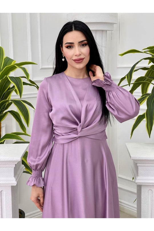 Kol Ucu Lastikli Saten Elbise 3389 Lila