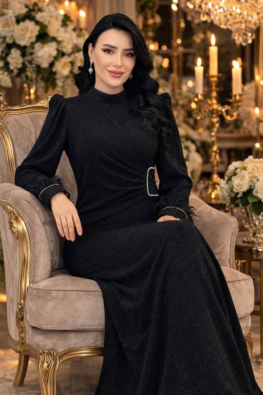 Kol Ucu Otriş Simli Abiye 5010 T-26 Siyah