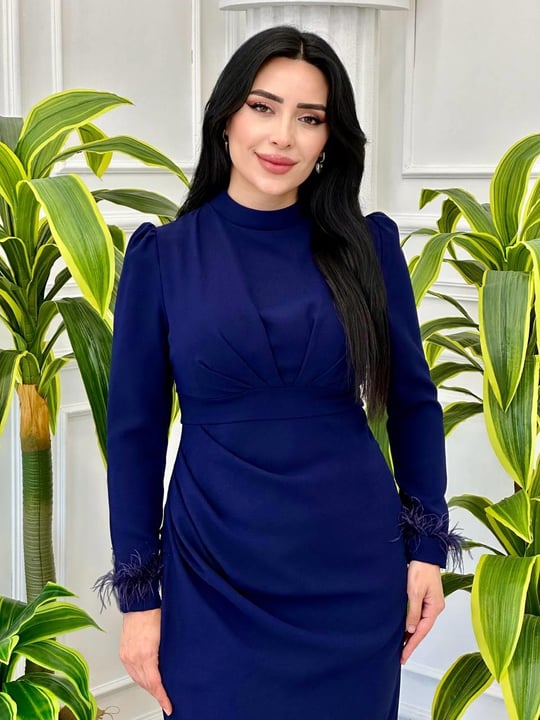 Kol Uçu Tüylü Pile Detay Krep Elbise 0654 y-24 Lacivert