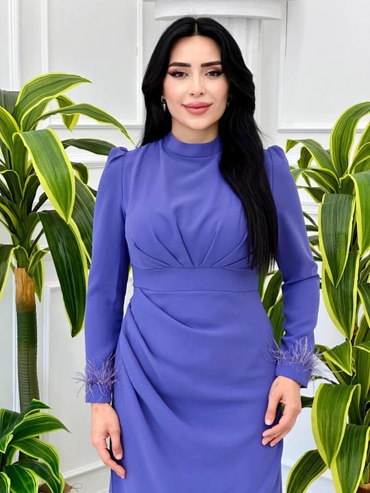 Kol Uçu Tüylü Pile Detay Krep Elbise 0654 y-24 Lila